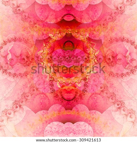 Abstract organic looking fractal tower background with a detailed decorative waves and rings, all in light pastel pink,red,yellow
