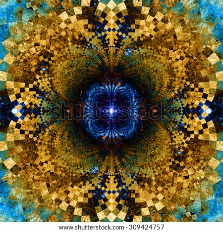 Detailed decorative star (flower) with an extremely detailed decorative sharp crystal like pattern coming out of the center and interconnecting arches, all in dark vivid blue and yellow