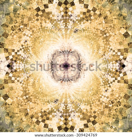 Detailed decorative star (flower) with an extremely detailed decorative sharp crystal like pattern coming out of the center and interconnecting arches, all in bright sepia tinted yellow,green,purple
