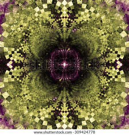 Detailed decorative star (flower) with an extremely detailed decorative sharp crystal like pattern coming out of the center and interconnecting arches, all in dark vivid sepia tinted green and purple