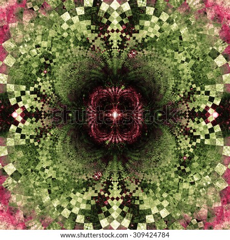 Detailed decorative star (flower) with an extremely detailed decorative sharp crystal like pattern coming out of the center and interconnecting arches, all in dark vivid sepia tinted green and pink