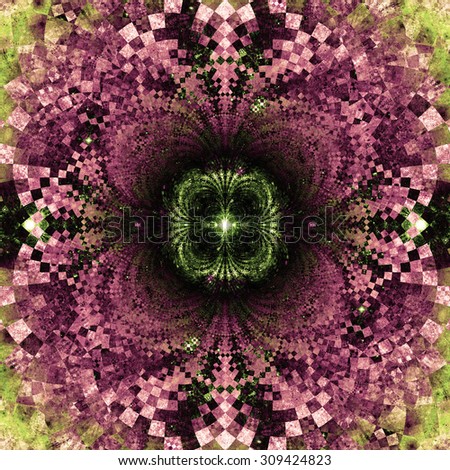 Detailed decorative star (flower) with an extremely detailed decorative sharp crystal like pattern coming out of the center and interconnecting arches, all in dark vivid sepia tinted pink and green