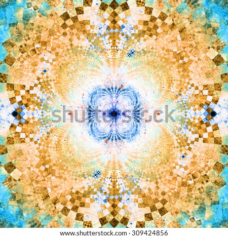 Detailed decorative star (flower) with an extremely detailed decorative sharp crystal like pattern coming out of the center and interconnecting arches, all in bright blue,orange,pink