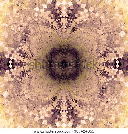 Detailed decorative star (flower) with an extremely detailed decorative sharp crystal like pattern coming out of the center and interconnecting arches, all in pastel sepia tinted yellow,purple