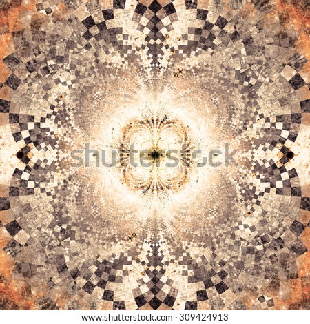 Detailed decorative star (flower) with an extremely detailed decorative sharp crystal like pattern coming out of the center and interconnecting arches, all in bright sepia tinted purple and orange