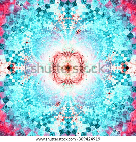Detailed decorative star (flower) with an extremely detailed decorative sharp crystal like pattern coming out of the center and interconnecting arches, all in bright cyan,blue,pink