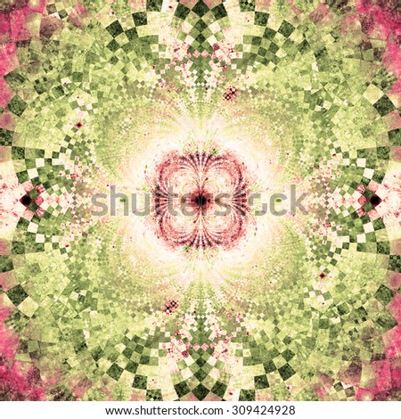 Detailed decorative star (flower) with an extremely detailed decorative sharp crystal like pattern coming out of the center and interconnecting arches, all in bright sepia tinted pink and green
