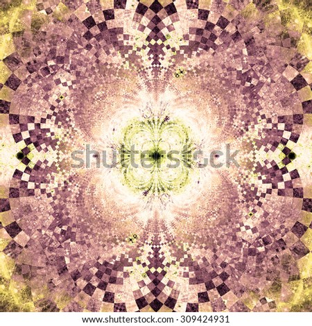 Detailed decorative star (flower) with an extremely detailed decorative sharp crystal like pattern coming out of the center and interconnecting arches, all in bright sepia tinted pink,yellow,green
