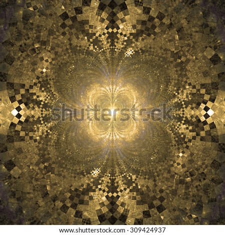 Detailed decorative star (flower) with an extremely detailed decorative sharp crystal like pattern coming out of the center and interconnecting arches, all in glowing sepia tinted yellow