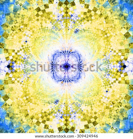 Detailed decorative star (flower) with an extremely detailed decorative sharp crystal like pattern coming out of the center and interconnecting arches, all in bright blue,yellow,green