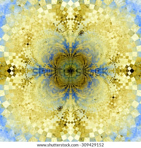 Detailed decorative star (flower) with an extremely detailed decorative sharp crystal like pattern coming out of the center and interconnecting arches, all in pastel yellow and blue