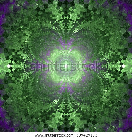 Detailed decorative star (flower) with an extremely detailed decorative sharp crystal like pattern coming out of the center and interconnecting arches, all in glowing green and pink