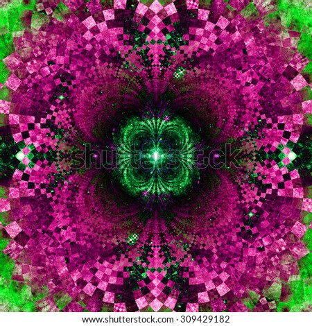 Detailed decorative star (flower) with an extremely detailed decorative sharp crystal like pattern coming out of the center and interconnecting arches, all in dark vivid pink and green