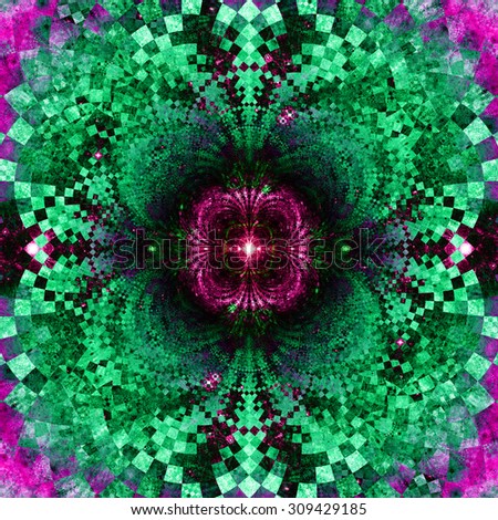 Detailed decorative star (flower) with an extremely detailed decorative sharp crystal like pattern coming out of the center and interconnecting arches, all in dark vivid pink,green