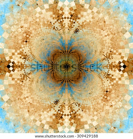 Detailed decorative star (flower) with an extremely detailed decorative sharp crystal like pattern coming out of the center and interconnecting arches, all in pastel brown and cyan