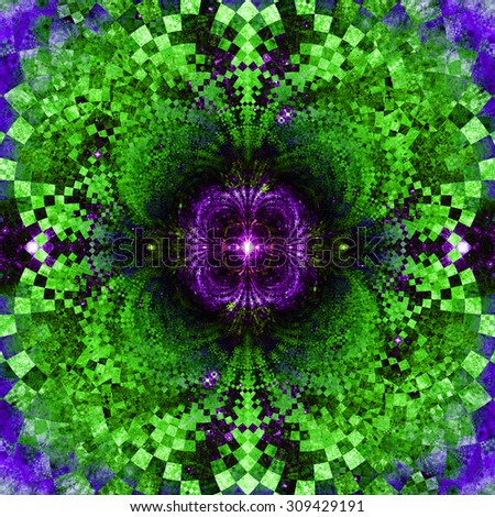 Detailed decorative star (flower) with an extremely detailed decorative sharp crystal like pattern coming out of the center and interconnecting arches, all in dark vivid green,pink,purple