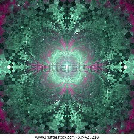 Detailed decorative star (flower) with an extremely detailed decorative sharp crystal like pattern coming out of the center and interconnecting arches, all in glowing cyan and pink