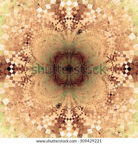 Detailed decorative star (flower) with an extremely detailed decorative sharp crystal like pattern coming out of the center and interconnecting arches, all in pastel sepia tinted red and green