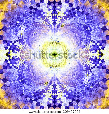 Detailed decorative star (flower) with an extremely detailed decorative sharp crystal like pattern coming out of the center and interconnecting arches, all in bright purple,pink,yellow