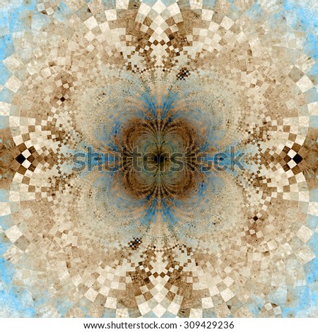 Detailed decorative star (flower) with an extremely detailed decorative sharp crystal like pattern coming out of the center and interconnecting arches, all in pastel sepia tinted blue and brown