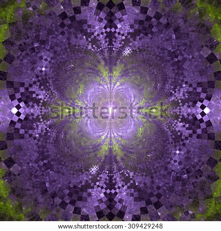 Detailed decorative star (flower) with an extremely detailed decorative sharp crystal like pattern coming out of the center and interconnecting arches, all in glowing purple and green