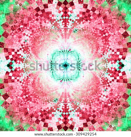 Detailed decorative star (flower) with an extremely detailed decorative sharp crystal like pattern coming out of the center and interconnecting arches, all in bright pink and green
