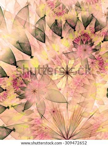 High resolution fractal background with detailed sharp crisp flowers, all in light pastel sepia tinted pink,yellow,purple