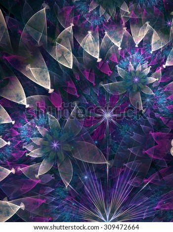 High resolution fractal background with detailed sharp crisp flowers, all in glowing pink,purple,blue,green