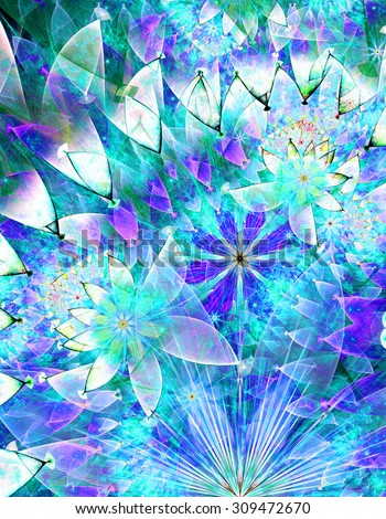 High resolution fractal background with detailed sharp crisp flowers, all in bright vivid purple,blue,pink