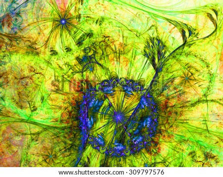 Beautiful high resolution abstract flower and star background in dark vivid green,yellow,red,blue