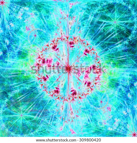 Beautiful high resolution abstract flower and star background with a large central star with a ring surrounding the center, all in bright vivid cyan,pink,green