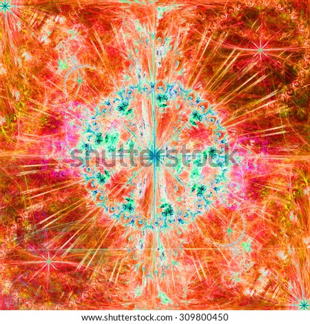 Beautiful high resolution abstract flower and star background with a large central star with a ring surrounding the center, all in bright vivid red,yellow,pink,cyan