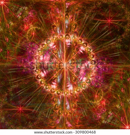 Beautiful high resolution abstract flower and star background with a large central star with a ring surrounding the center, all in glowing red,pink,green