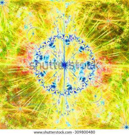 Beautiful high resolution abstract flower and star background with a large central star with a ring surrounding the center, all in bright vivid yellow,green,pink,blue