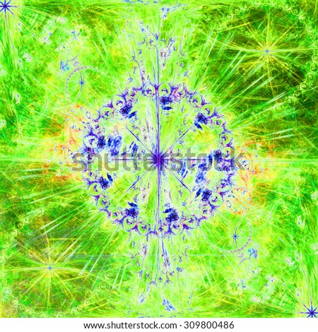 Beautiful high resolution abstract flower and star background with a large central star with a ring surrounding the center, all in bright vivid green,yellow,purple