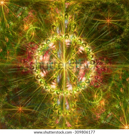 Beautiful high resolution abstract flower and star background with a large central star with a ring surrounding the center, all in glowing yellow,green,pink