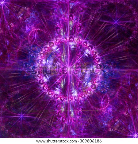 Beautiful high resolution abstract flower and star background with a large central star with a ring surrounding the center, all in glowing pink and purple