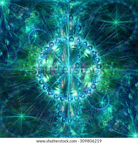 Beautiful high resolution abstract flower and star background with a large central star with a ring surrounding the center, all in glowing blue and green