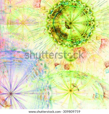 Beautiful high resolution abstract flower and star background with four large stars (flowers) with decorative rings, all in pastel green,yellow,pink,blue