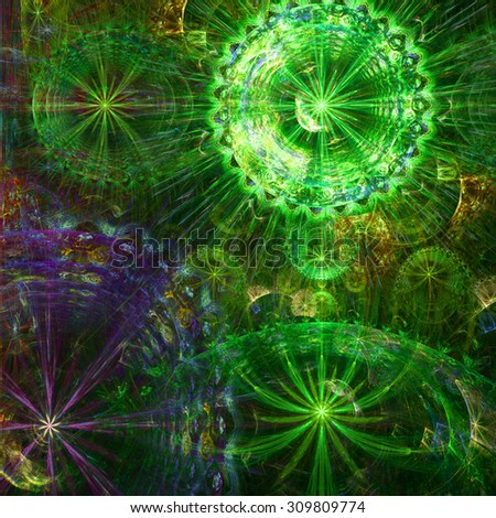 Beautiful high resolution abstract flower and star background with four large stars (flowers) with decorative rings, all in glowing green,yellow,purple,blue