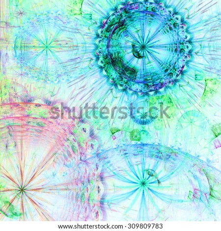 Beautiful high resolution abstract flower and star background with four large stars (flowers) with decorative rings, all in pastel cyan,blue,pink