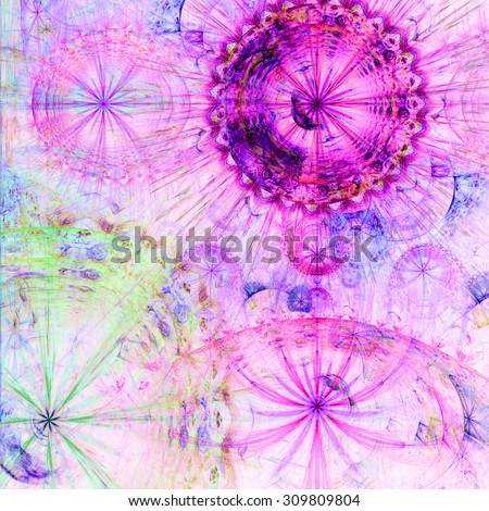 Beautiful high resolution abstract flower and star background with four large stars (flowers) with decorative rings, all in pastel pink,purple,green