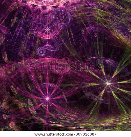 Beautiful high resolution abstract flower and star background with several twisted large flowers (stars), all in glowing pink,purple,green