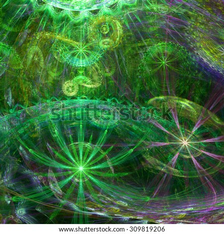 Beautiful high resolution abstract flower and star background with several twisted flowers and two main large flowers (stars) at the bottom, all in glowing green,yellow,purple