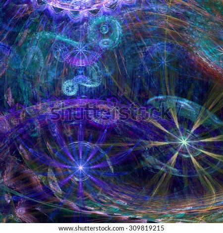 Beautiful high resolution abstract flower and star background with several twisted flowers and two main large flowers (stars) at the bottom, all in glowing blue,purple,pink,yellow