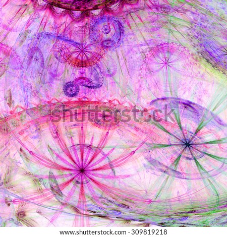 Beautiful high resolution abstract flower and star background with several twisted flowers and two main large flowers (stars) at the bottom, all in pastel pink,purple,green