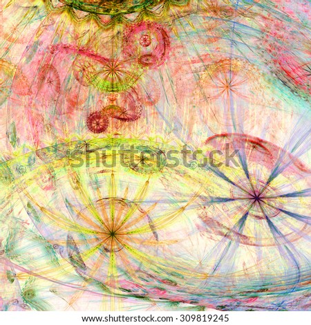 Beautiful high resolution abstract flower and star background with several twisted flowers and two main large flowers (stars) at the bottom, all in pastel red,yellow,green,blue