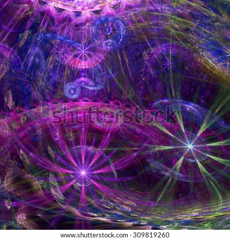 Beautiful high resolution abstract flower and star background with several twisted flowers and two main large flowers (stars) at the bottom, all in glowing pink,purple,green