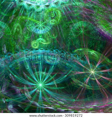Beautiful high resolution abstract flower and star background with several twisted flowers and two main large flowers (stars) at the bottom, all in glowing green,blue,pink