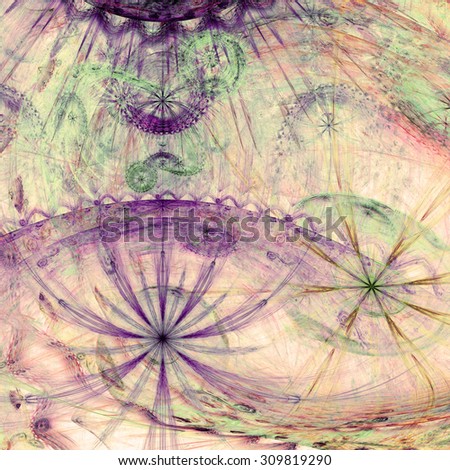 Beautiful high resolution abstract flower and star background with several twisted flowers and two main large flowers (stars) at the bottom, all in pastel sepia tinted pink,purple,green